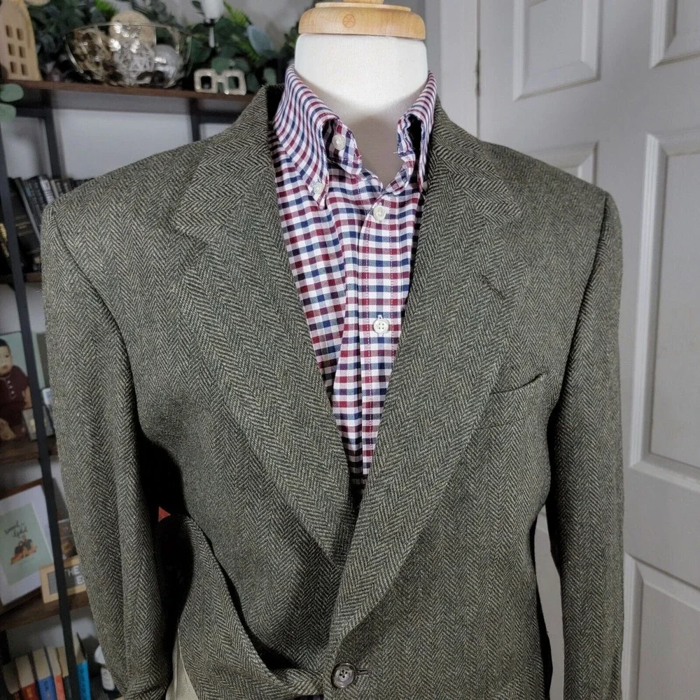 John Alexander Hart Schaffner Men's Sport Coat Blazer Green Wool Herringbone 41R